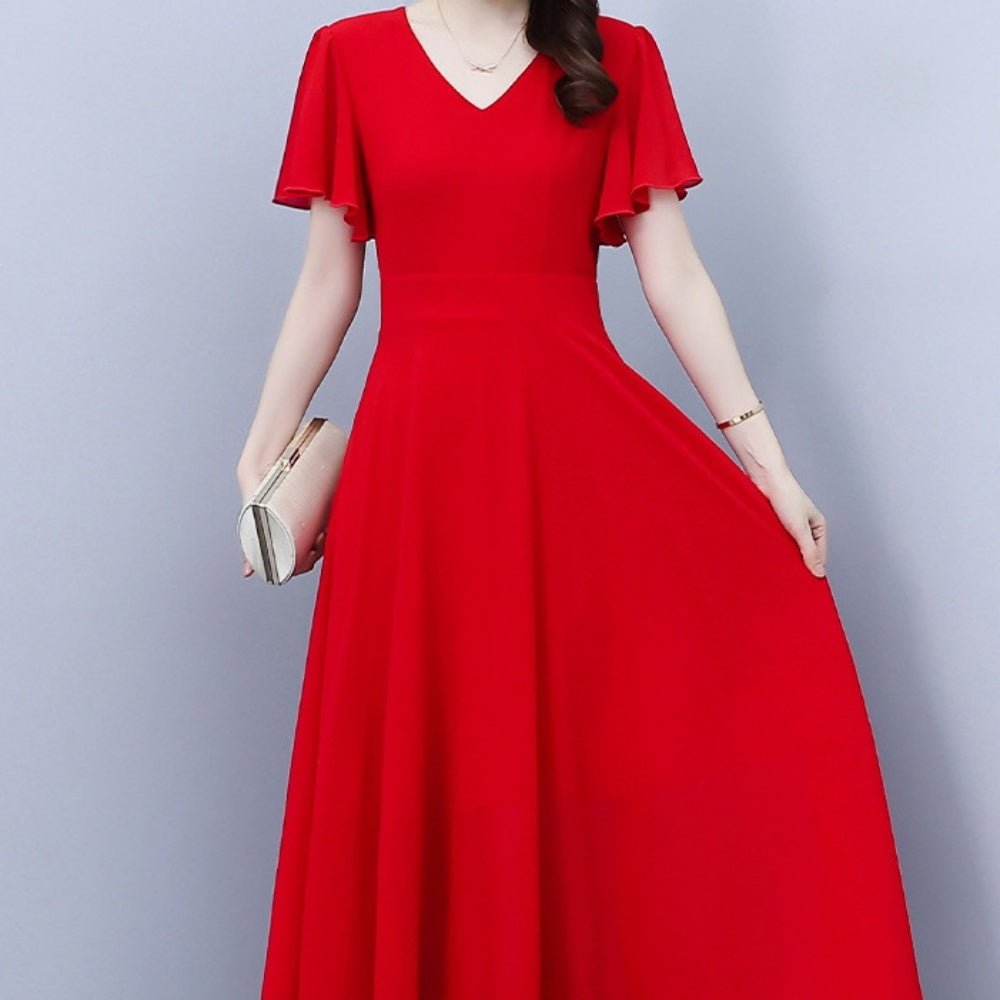 Vネックケープスリーブロングワンピース｜オフィスカジュアル