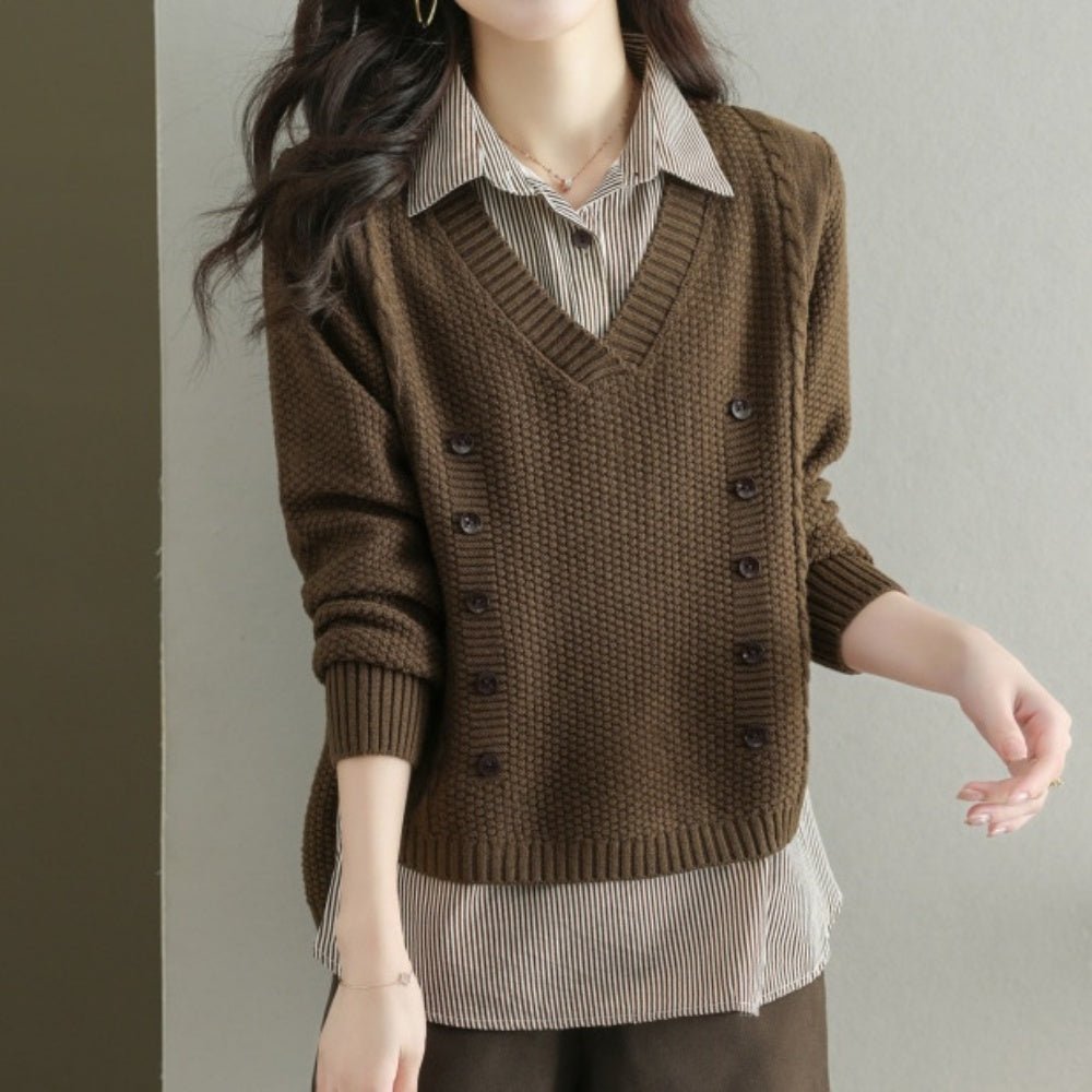 Vネックセーター＋ストライプシャツ｜オフィスカジュアル レディース 通販【ミレジェネ】