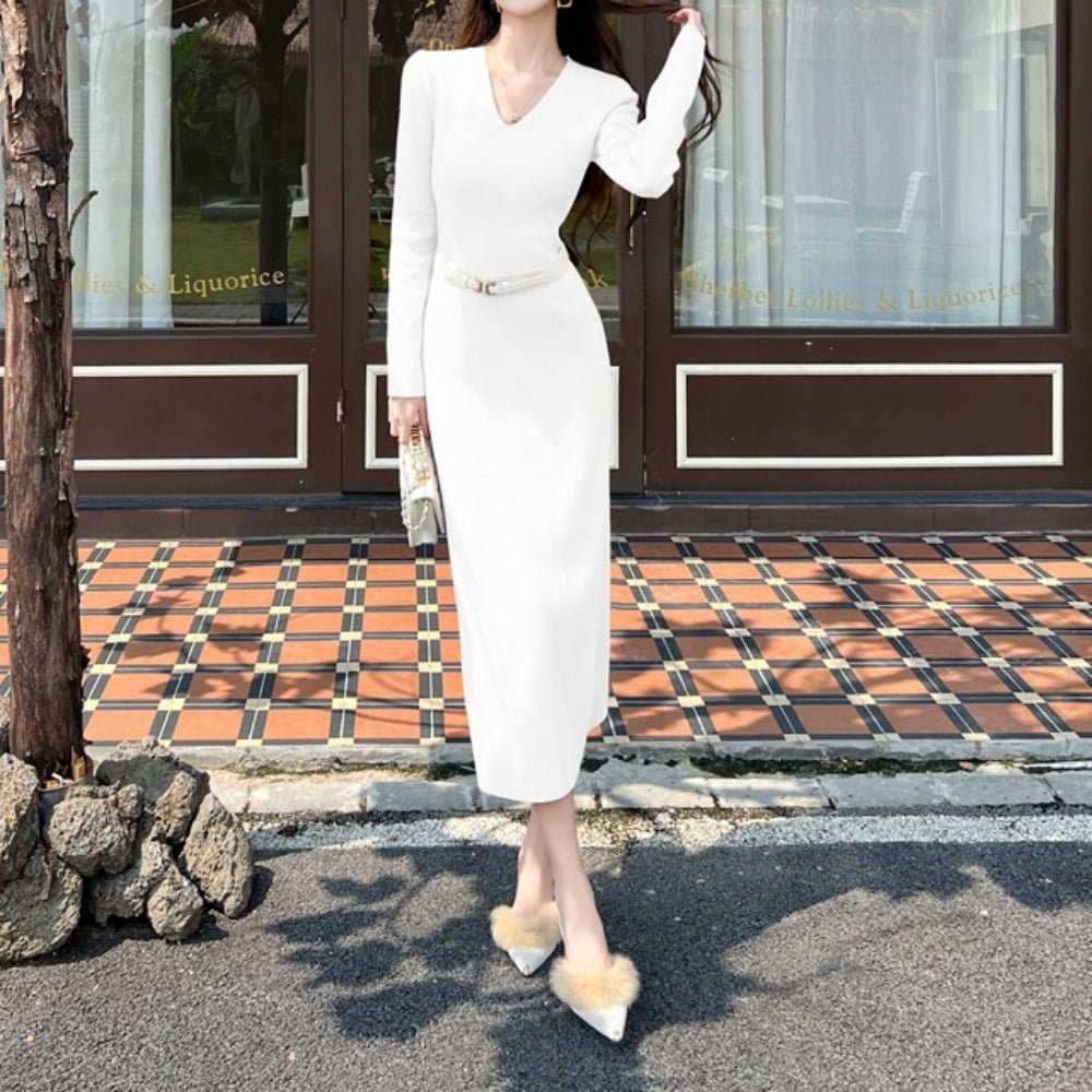 Vネックロングニットワンピース｜オフィスカジュアル レディース 通販【ミレジェネ】