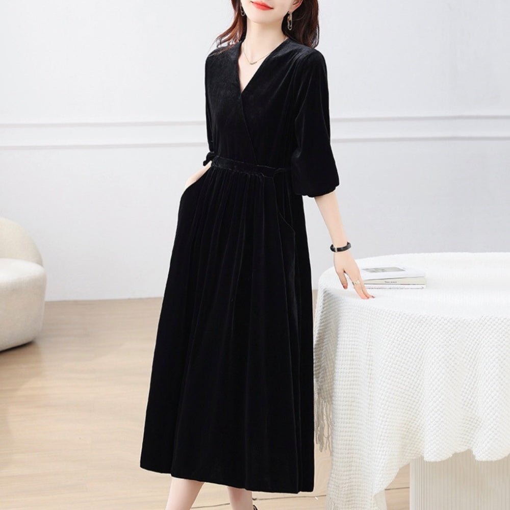 Vネックベロアワンピース｜オフィスカジュアル レディース 通販