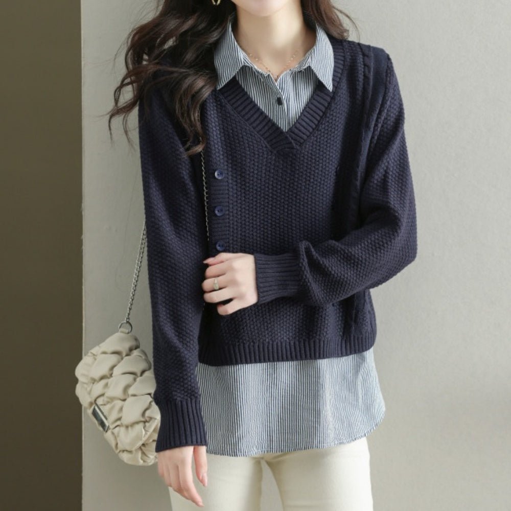 Vネックセーター＋ストライプシャツ｜オフィスカジュアル レディース 通販【ミレジェネ】