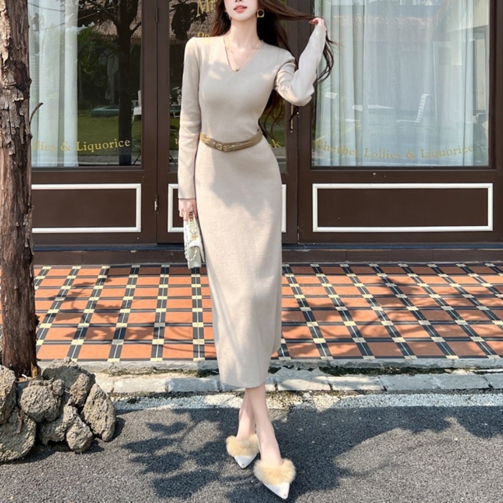 Vネックロングニットワンピース｜オフィスカジュアル レディース 通販
