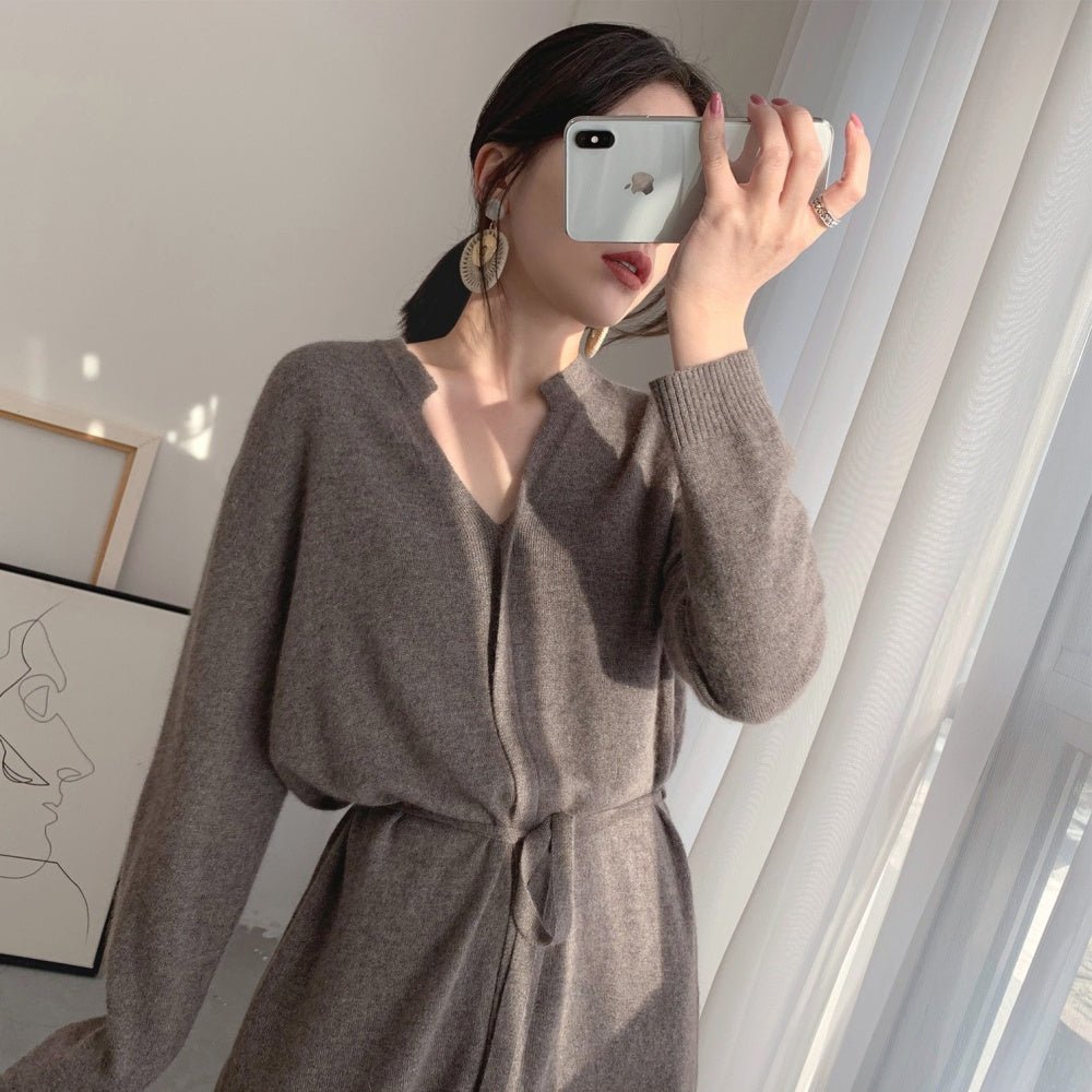 ニットワンピース 上品 ウエストマーク S-XL 2色 韓国 c919 ABITOKYO ワンピース レイヤード風センターラインロングニット