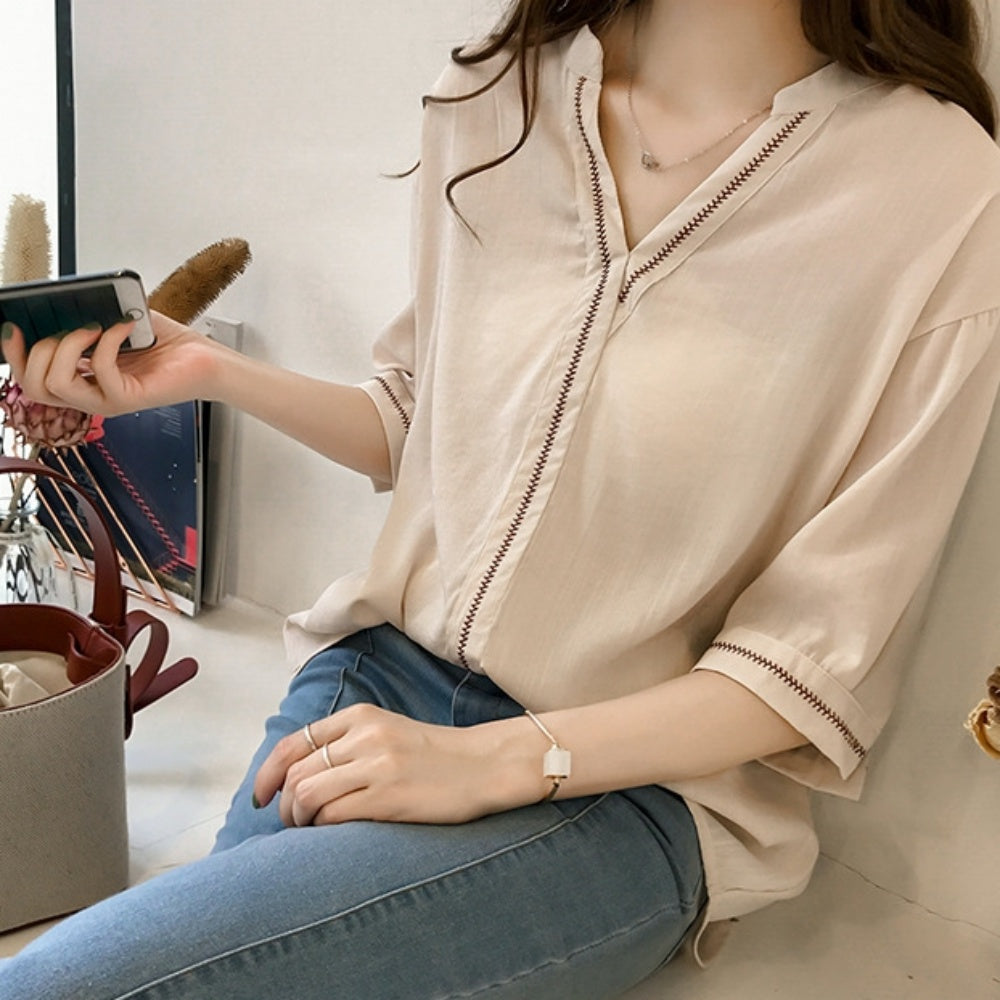 Vネック上品半袖シフォンシャツ