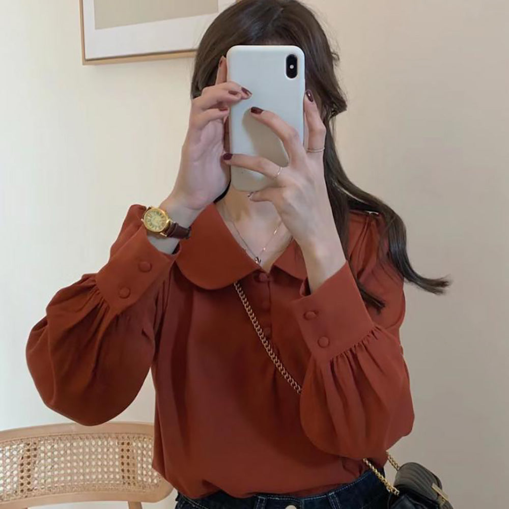 丸襟くるみボタンブラウス
