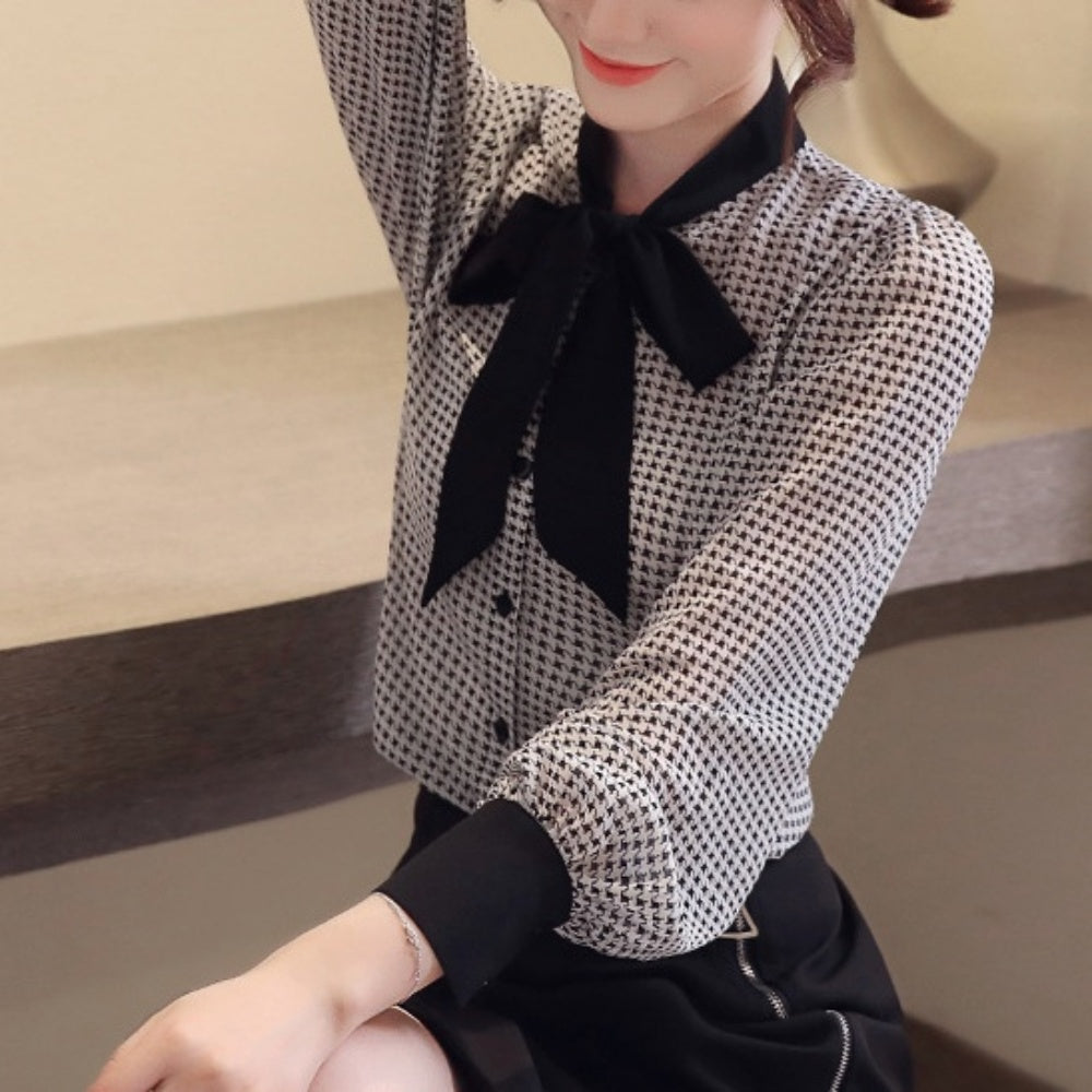 千鳥柄リボンネックシャツ