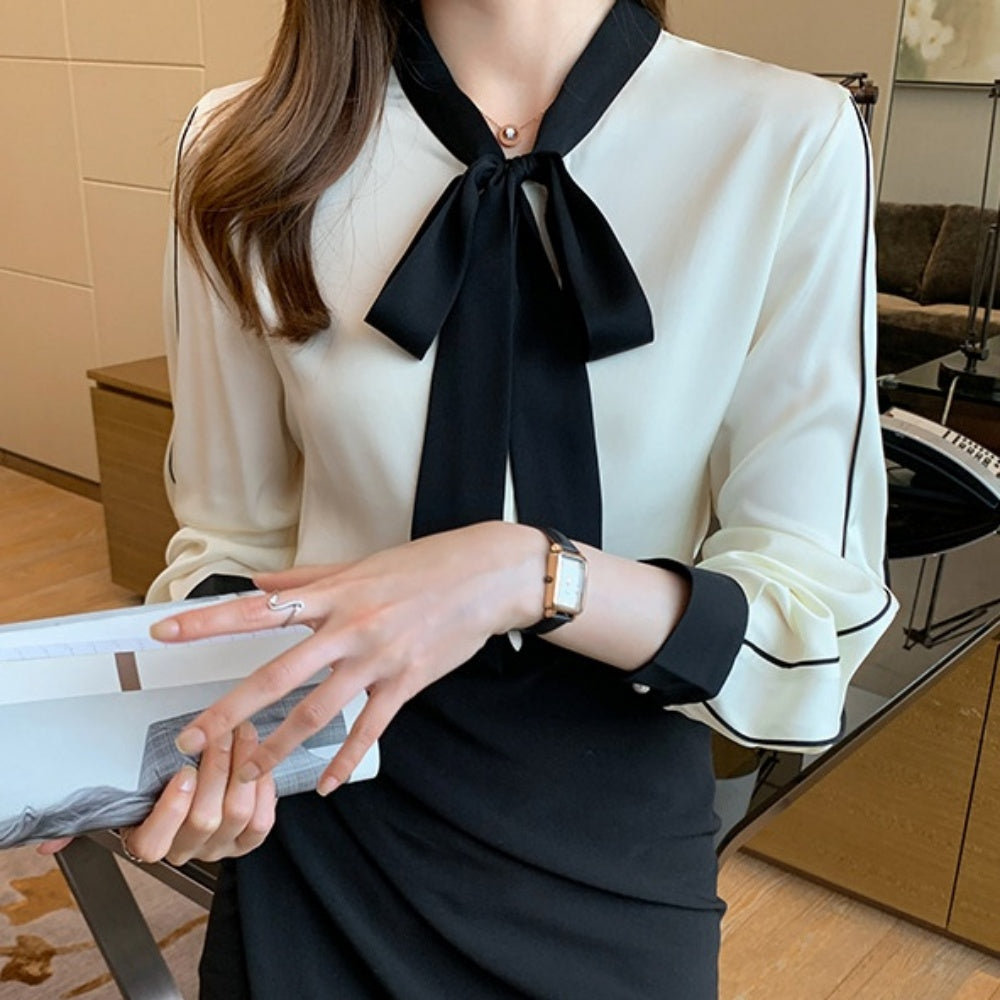 配色リボンネックブラウス