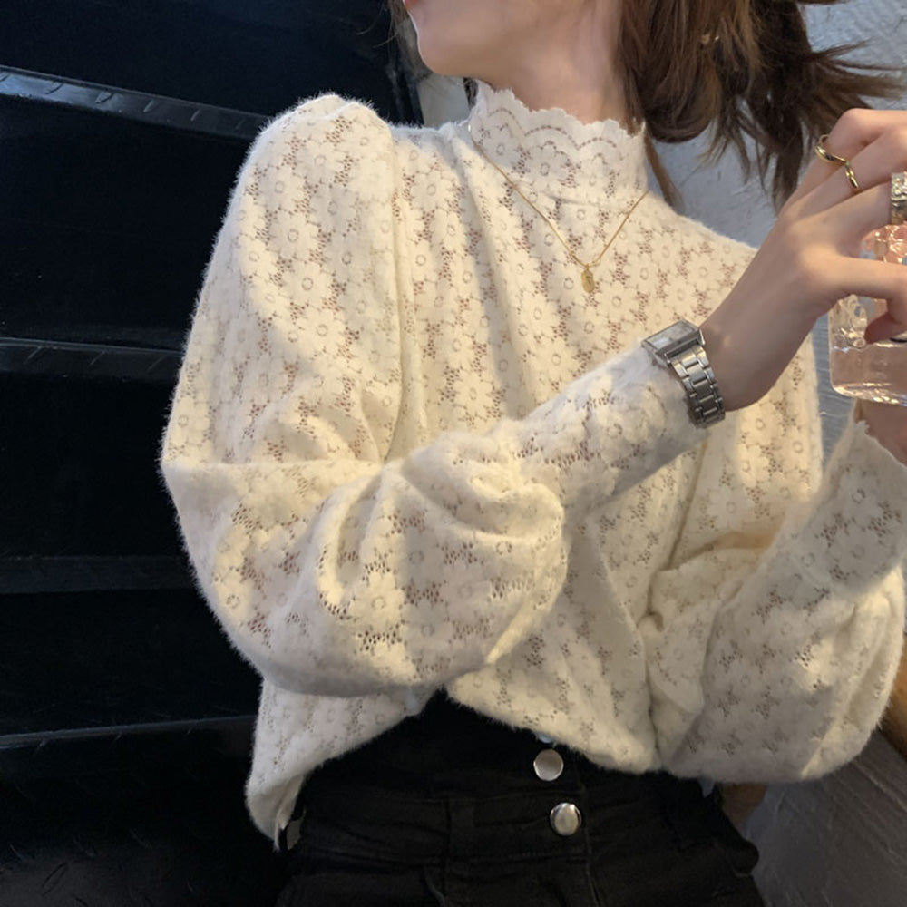 ハイネックランタンスリーブフラワーカットソー