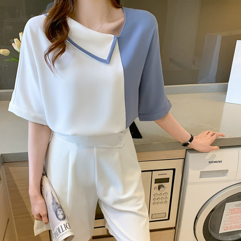 アシンメトリーネックバイカラーブラウス