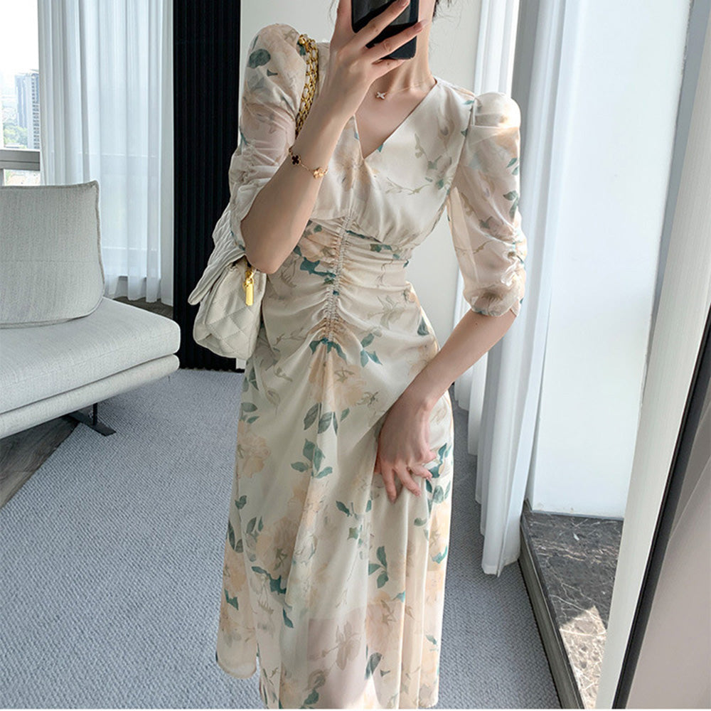 ウエストギャザー花柄シフォンワンピース