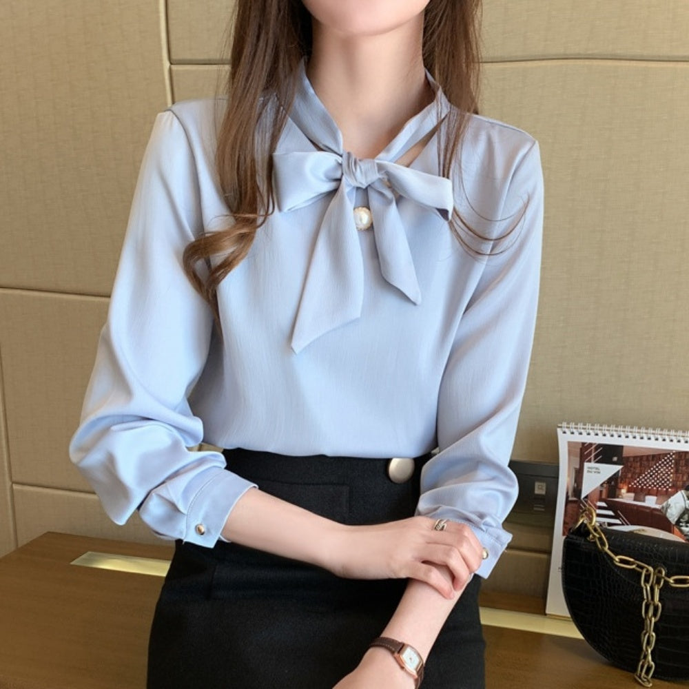 パールアクセントリボンボウタイブラウス