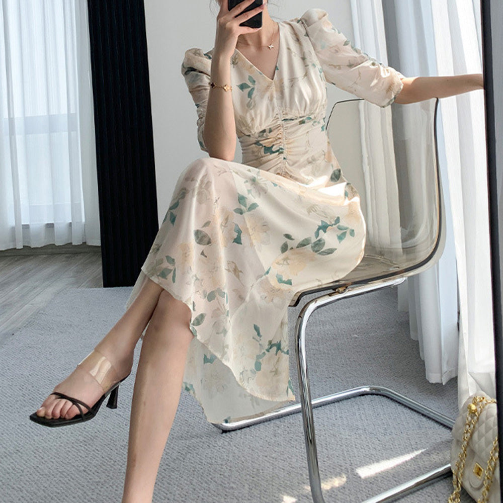 ウエストギャザー花柄シフォンワンピース