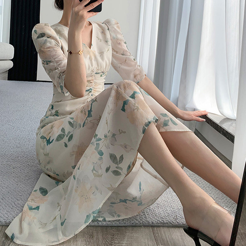ウエストギャザー花柄シフォンワンピース