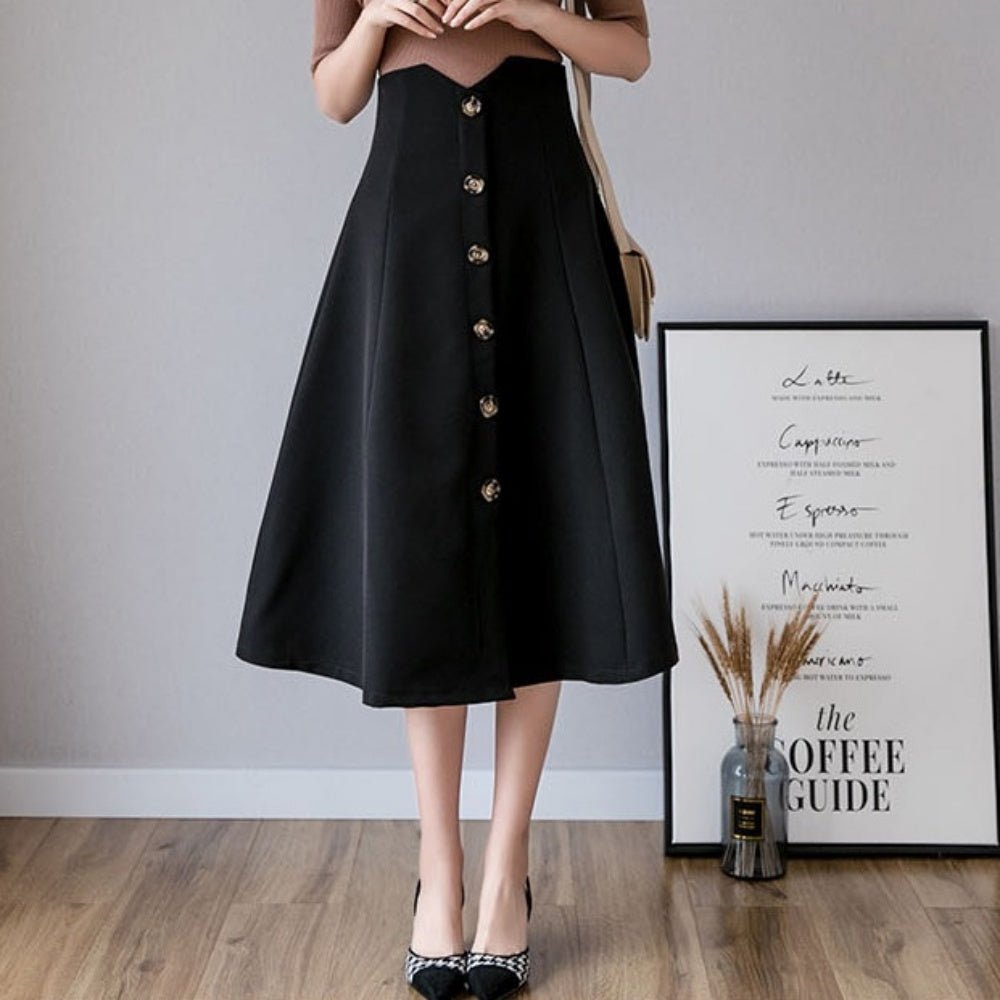 ハイウエストAラインボタンスカート｜オフィスカジュアル