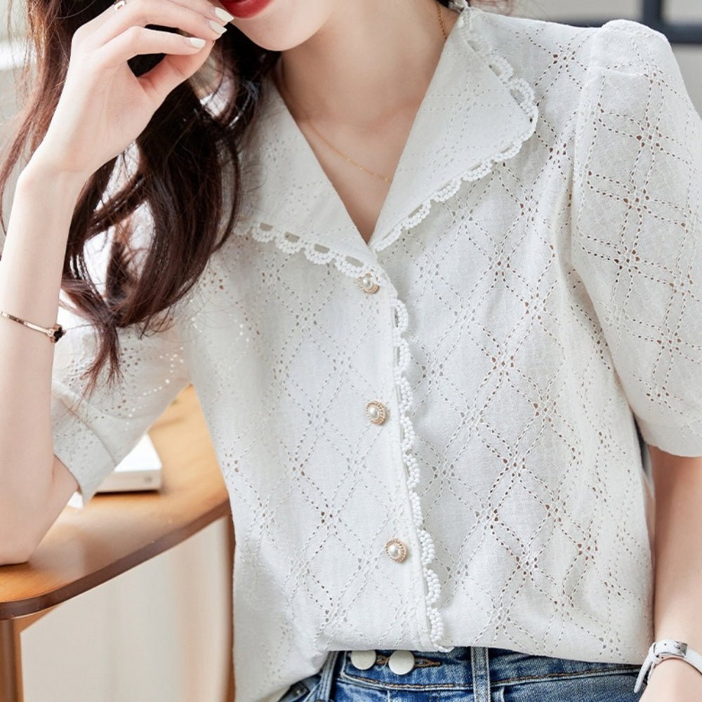 ♡美品♡ Rene レース衿 パールボタン ポロシャツ 36 ホワイト 2023 an/アン】刺繍レース襟/ ノースリーブ/ パールボタン/ プリーツ