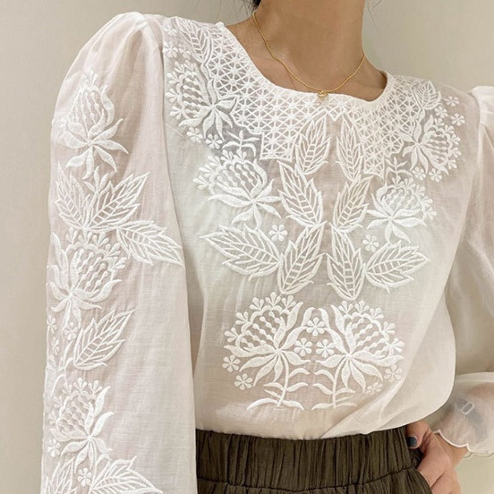 刺繍デザイン七分袖シアートップス｜オフィスカジュアル レディース  