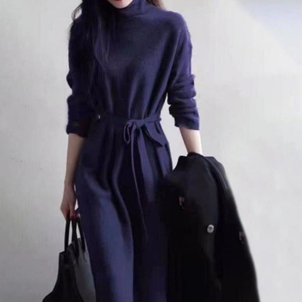 ウエストリボンハイネックニットワンピース｜オフィスカジュアル