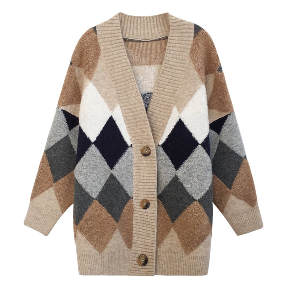 ダイヤチェック柄ガウンマルチルーズニットカーディガン