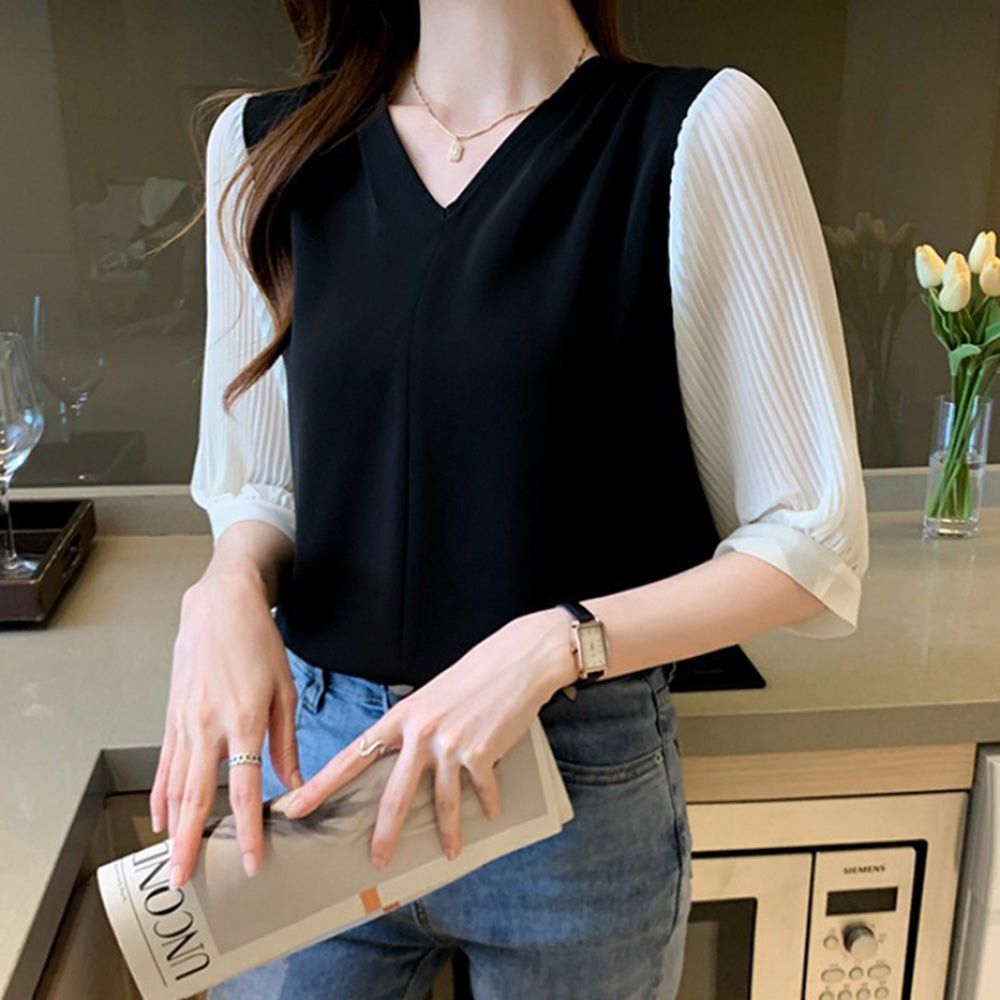 配色デザイン切り替えプリーツブラウス｜オフィスカジュアル レディース 通販【ミレジェネ】