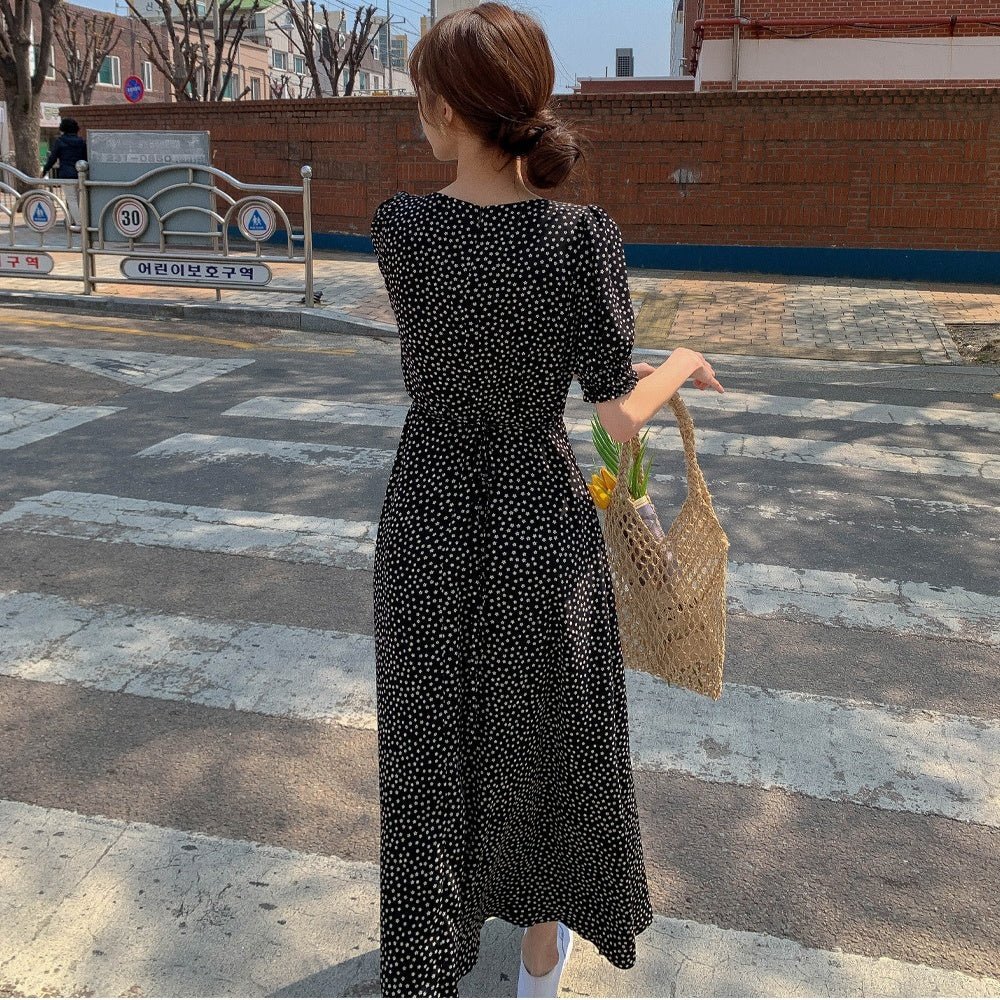 小花柄パフスリーブロングワンピース