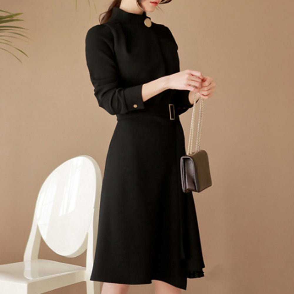 ワンポイントボタンミディ丈ワンピース｜オフィスカジュアル