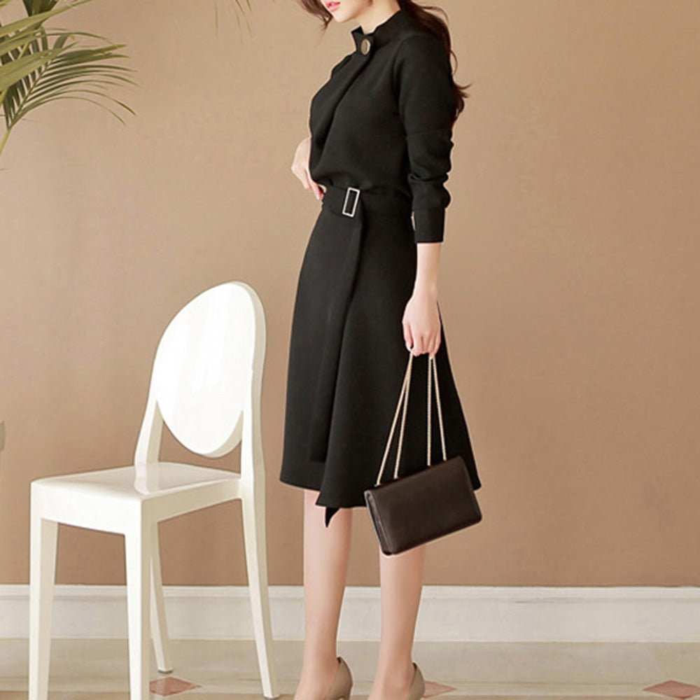 ワンポイントボタンミディ丈ワンピース｜オフィスカジュアル