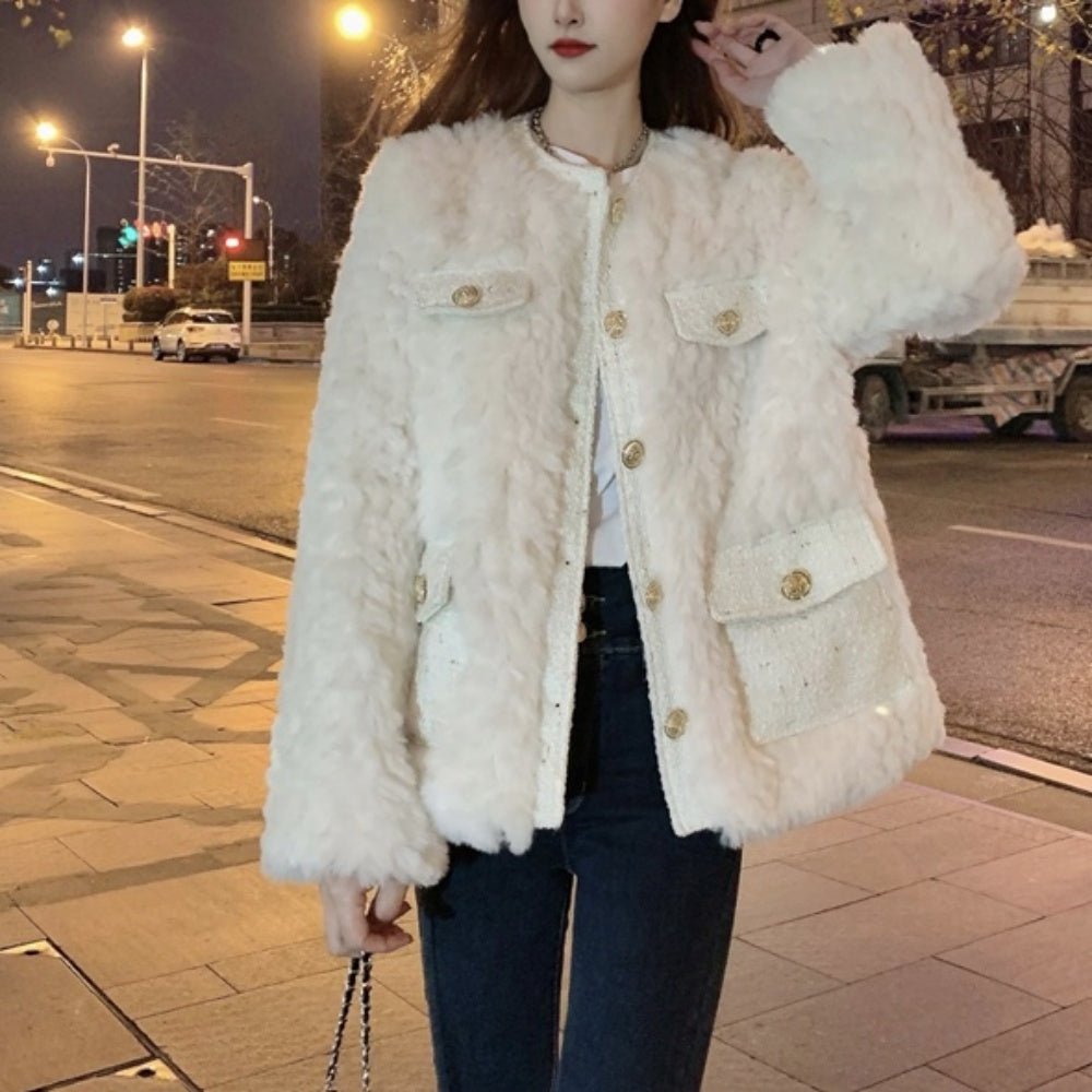 ラウンドネックツイードファーコート｜オフィスカジュアル レディース