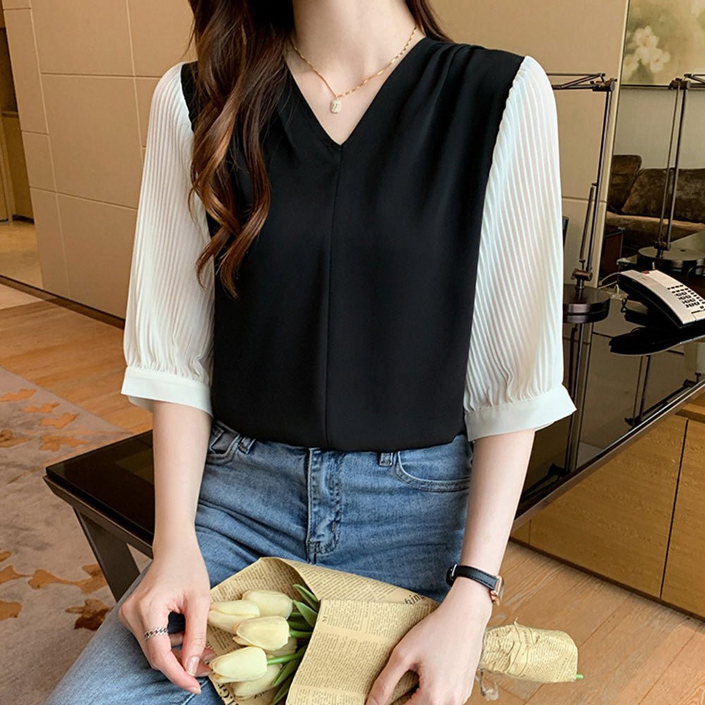 配色デザイン切り替えプリーツブラウス｜オフィスカジュアル レディース 通販【ミレジェネ】