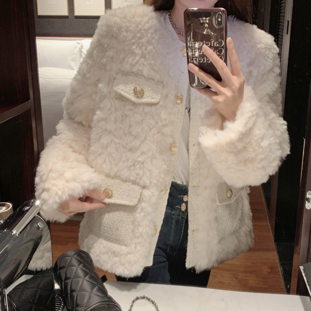 ラウンドネックツイードファーコート｜オフィスカジュアル レディース