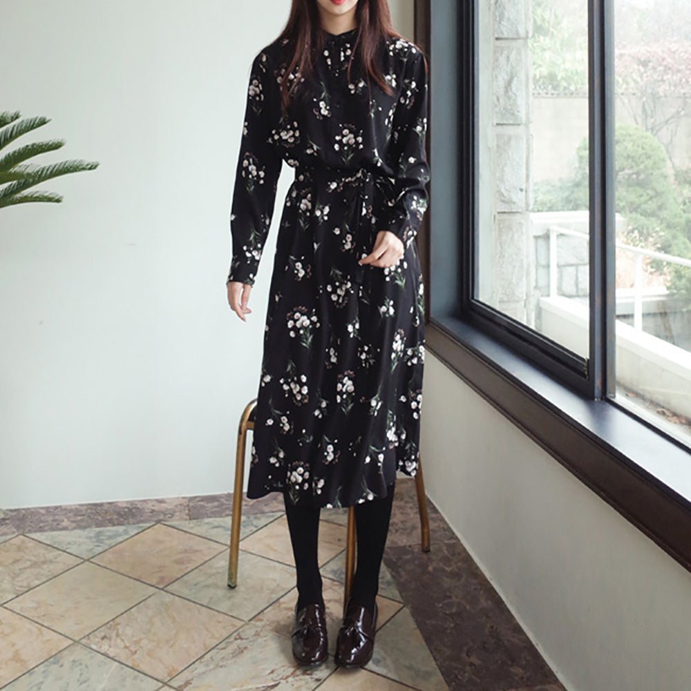 花柄ノーカラーシャツワンピース｜オフィスカジュアル レディース 通販