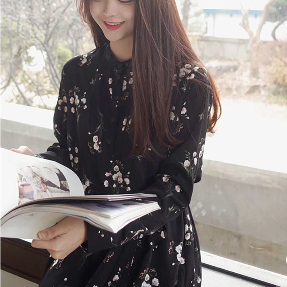 花柄ノーカラーシャツワンピース - Millennial Generation