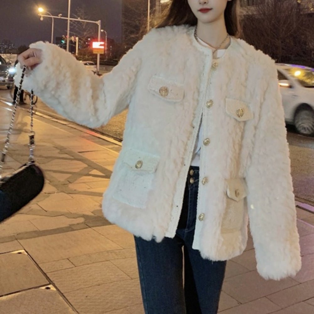 ラウンドネックツイードファーコート｜オフィスカジュアル レディース