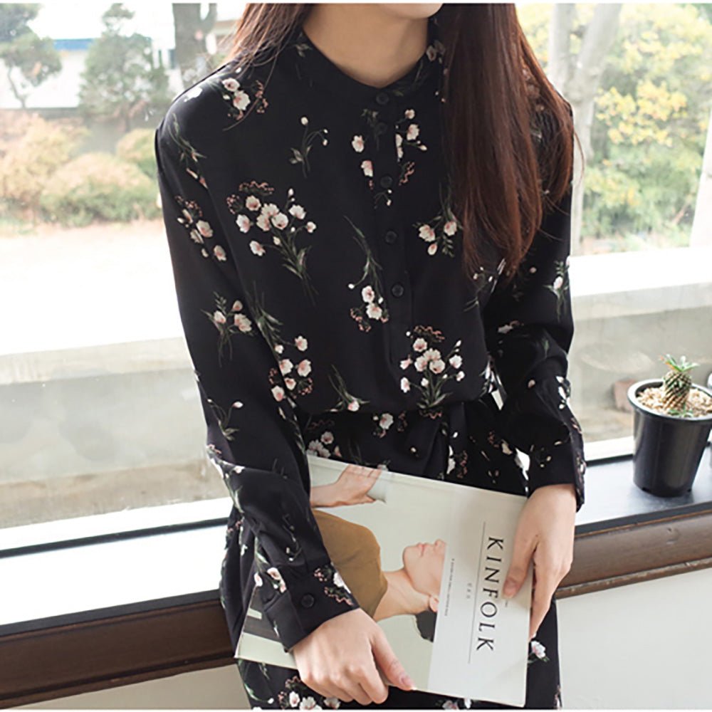 花柄ノーカラーシャツワンピース - Millennial Generation