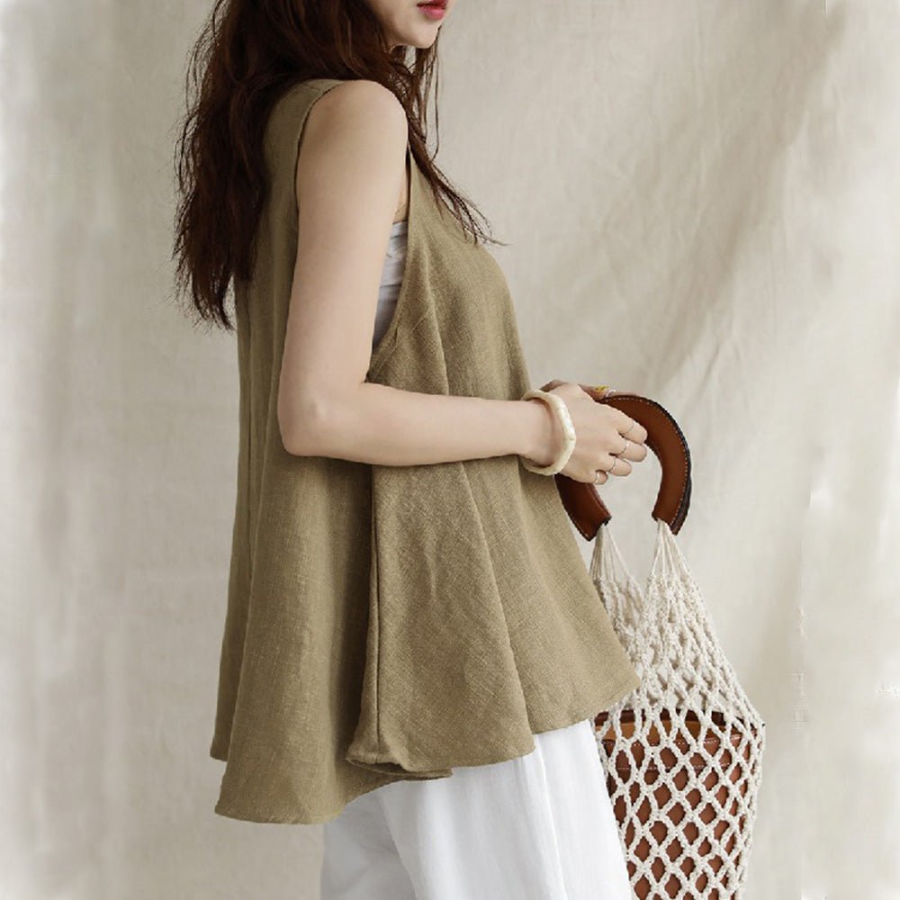 ノースリーブウエストマーク麻トップス｜オフィスカジュアル