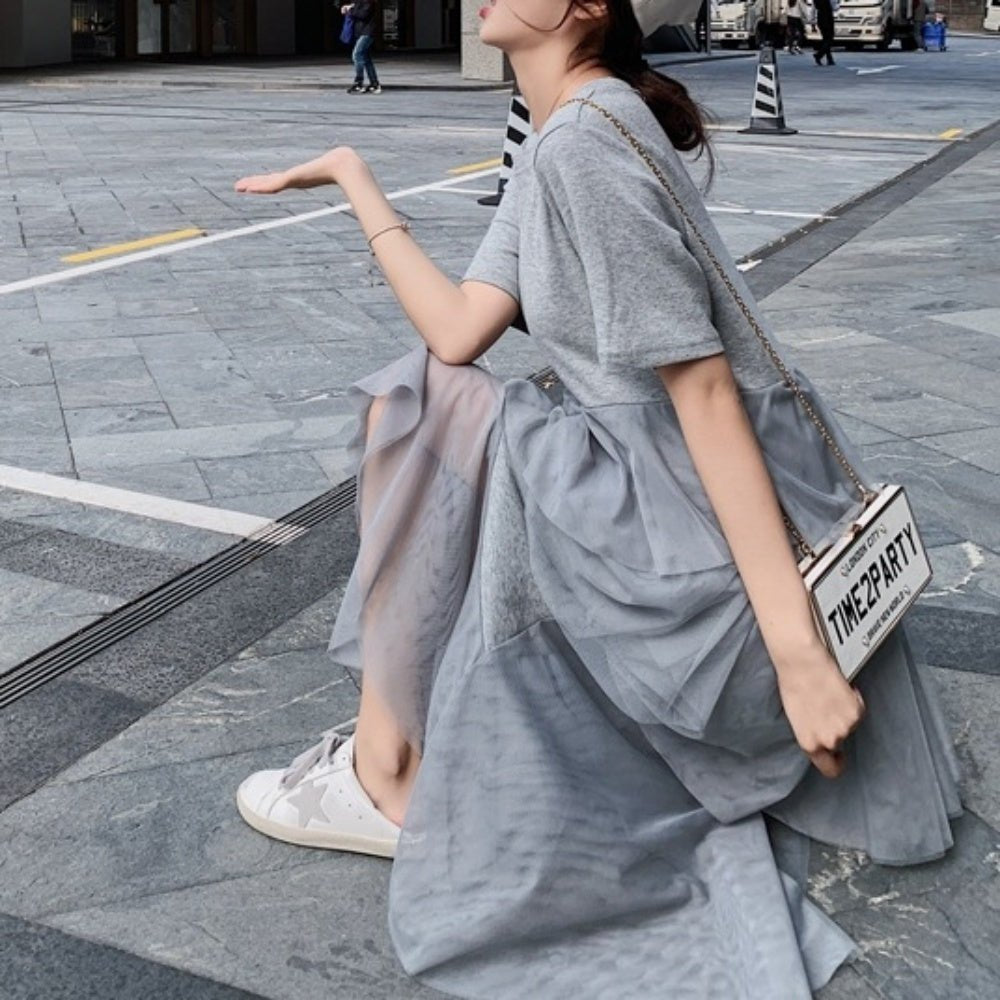 裾シースルードレープ半袖ワンピース - Millennial Generation