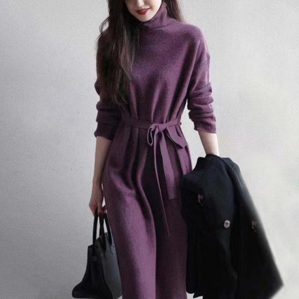 ウエストリボンハイネックニットワンピース｜オフィスカジュアル