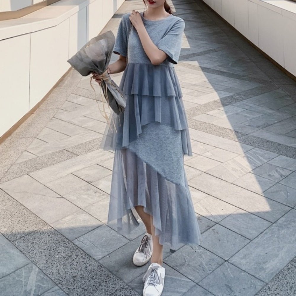 裾シースルードレープ半袖ワンピース｜オフィスカジュアル レディース