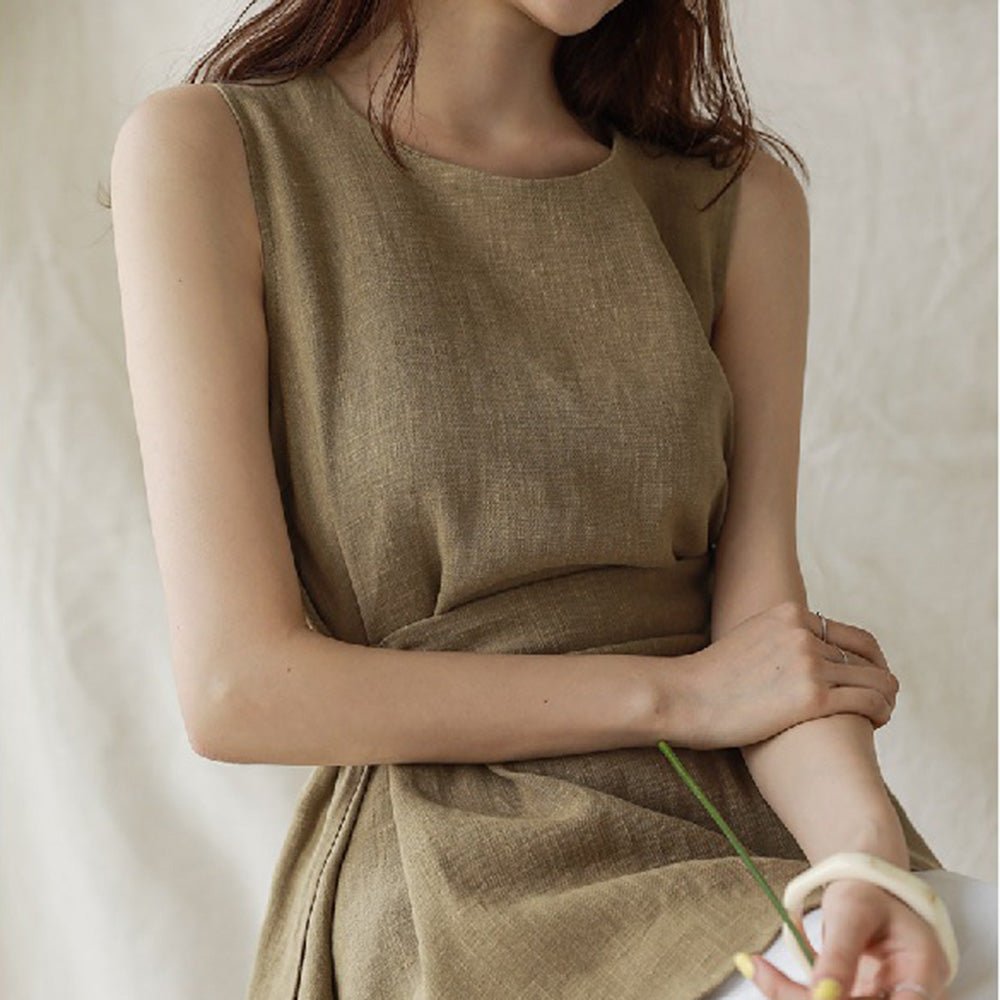 ノースリーブウエストマーク麻トップス｜オフィスカジュアル