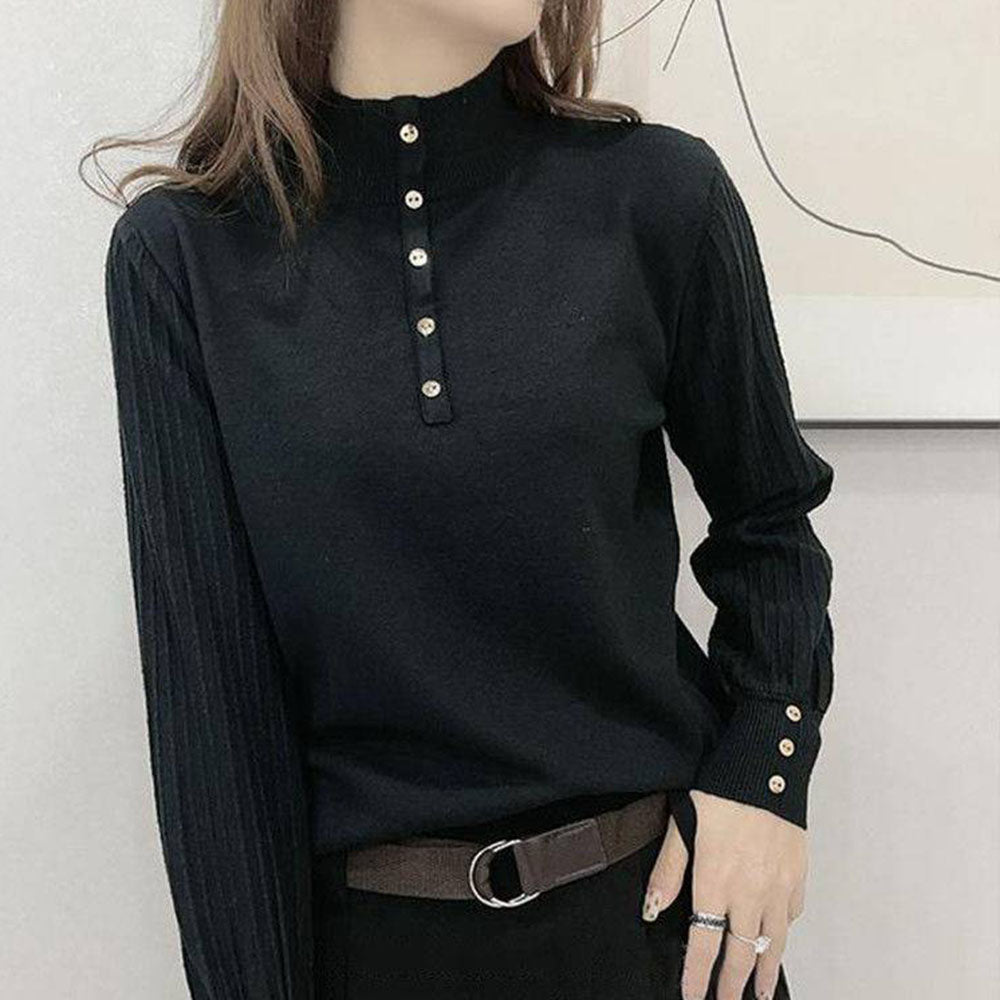 b2659【ミーア】レディース　ポンチョ　ハイネック　ダブルボタン　長袖　ニット ハイネックボタンシンプルニット｜オフィスカジュアル