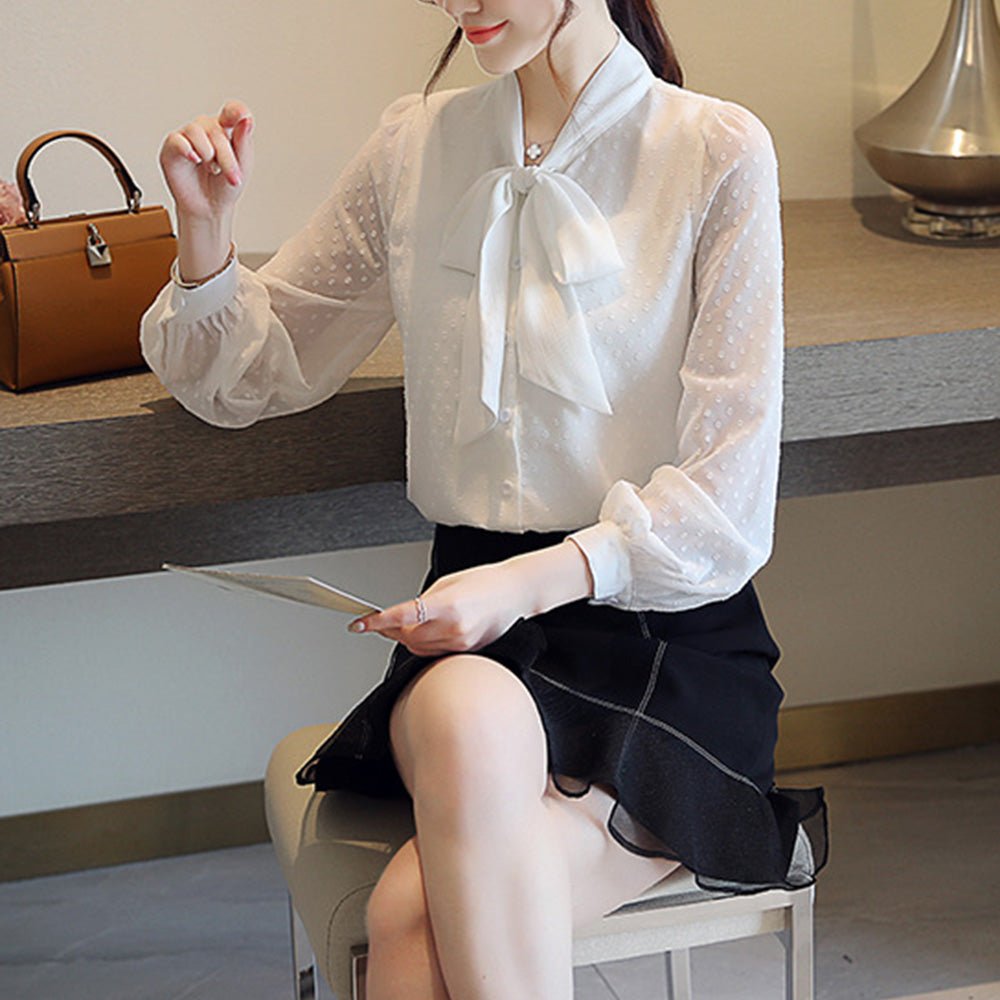 KAREN MILLEN 日本未入荷 ドット シースルー リボン ボウタイ ボウタイリボンシースルードットブラウス｜オフィスカジュアル