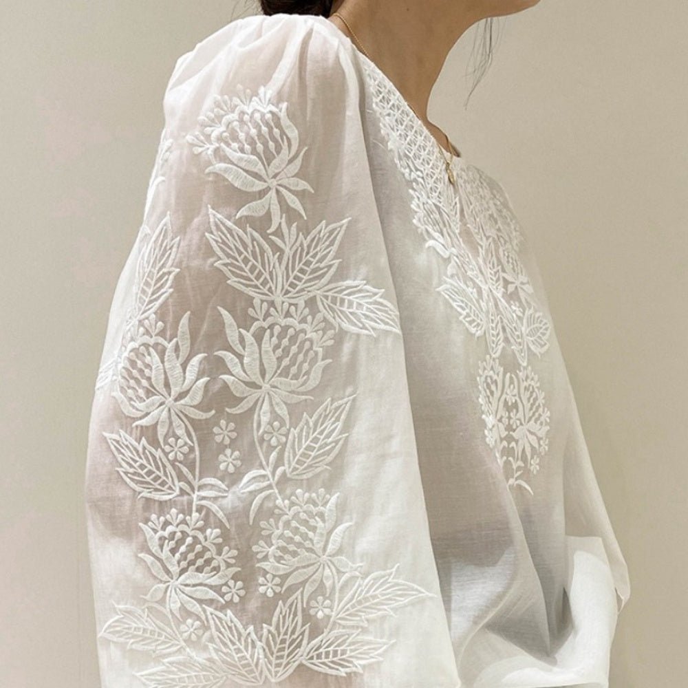 刺繍デザイン七分袖シアートップス｜オフィスカジュアル レディース  