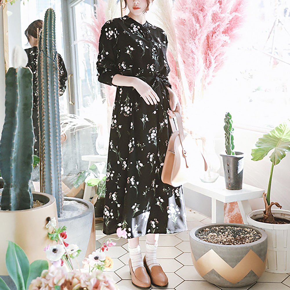 花柄ノーカラーシャツワンピース｜オフィスカジュアル レディース 通販