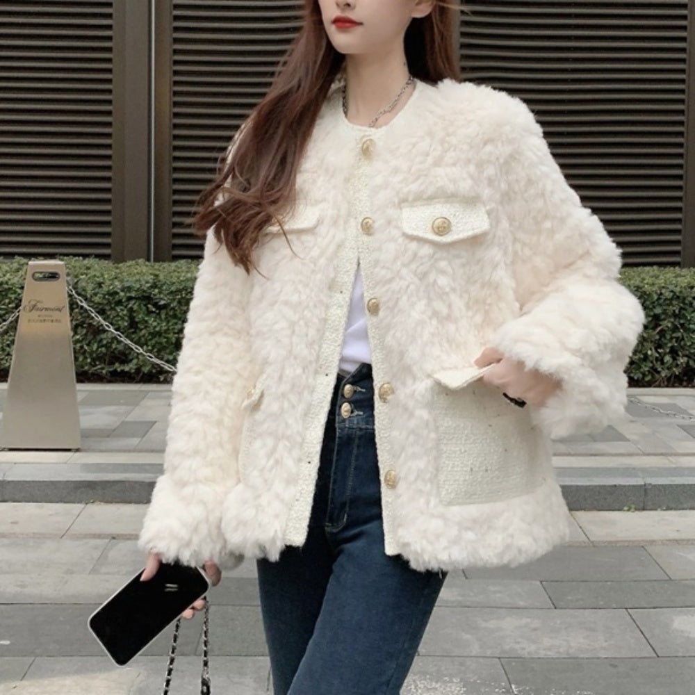 ラウンドネックツイードファーコート｜オフィスカジュアル レディース