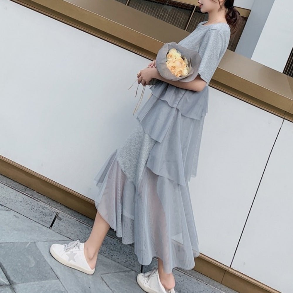 裾シースルードレープ半袖ワンピース - Millennial Generation