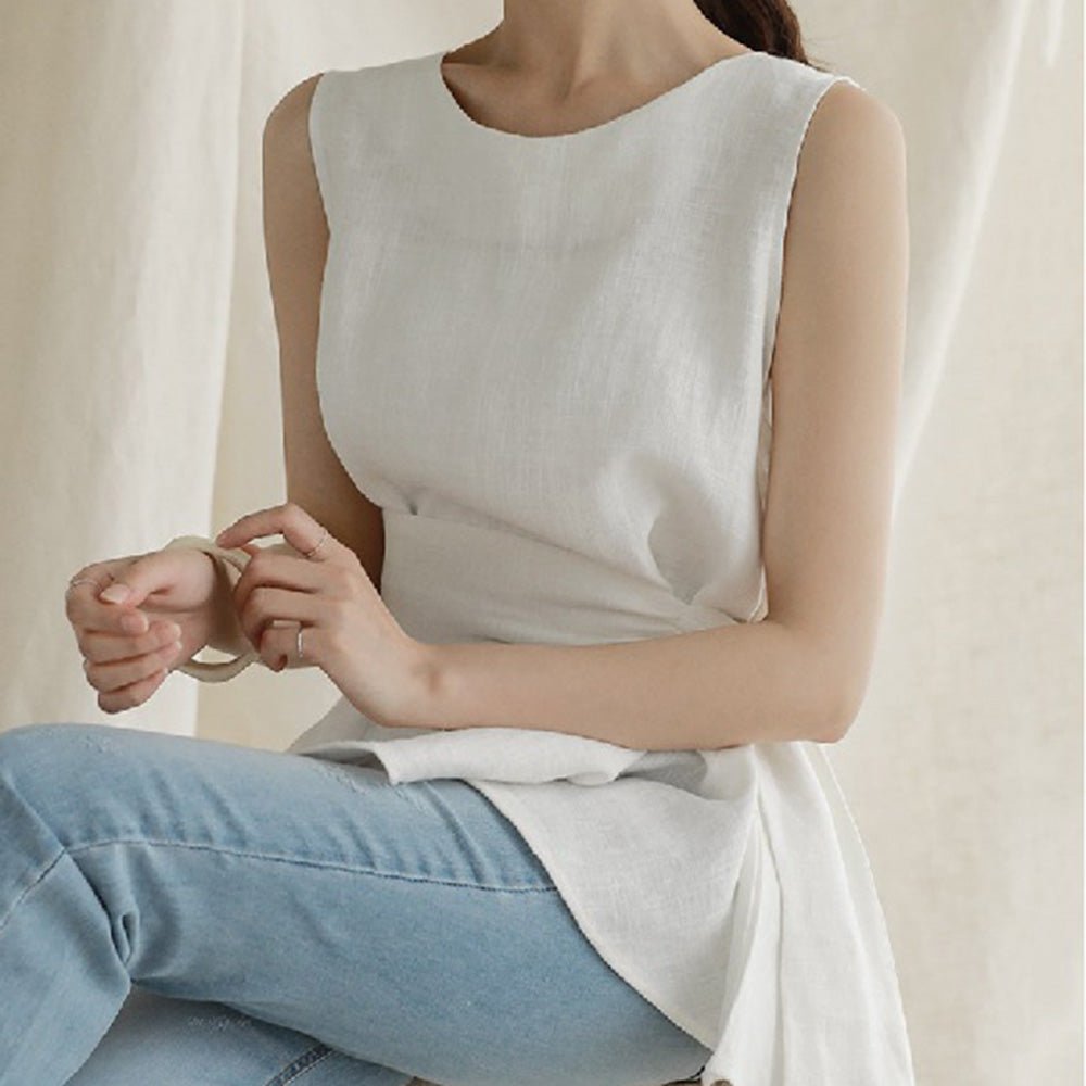 ノースリーブウエストマーク麻トップス｜オフィスカジュアル