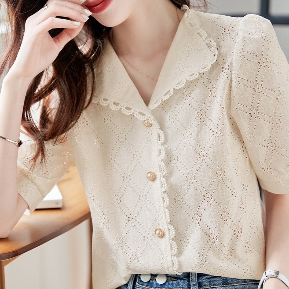 ♡美品♡ Rene レース衿 パールボタン ポロシャツ 36 ホワイト 2023 ♡美品♡ Rene レース衿 パールボタン ポロシャツ 36 ホワイト