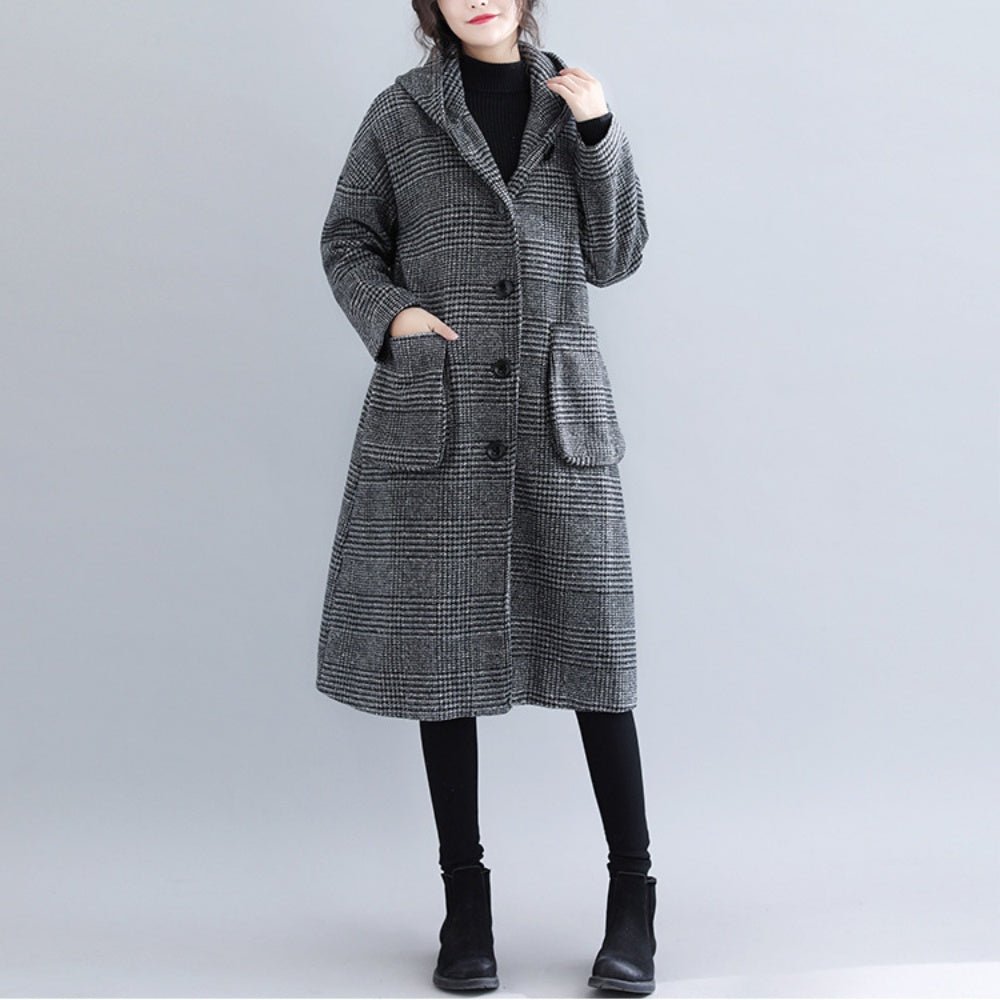 グレンチェックフード付きチェスターロングコート - Millennial Generation