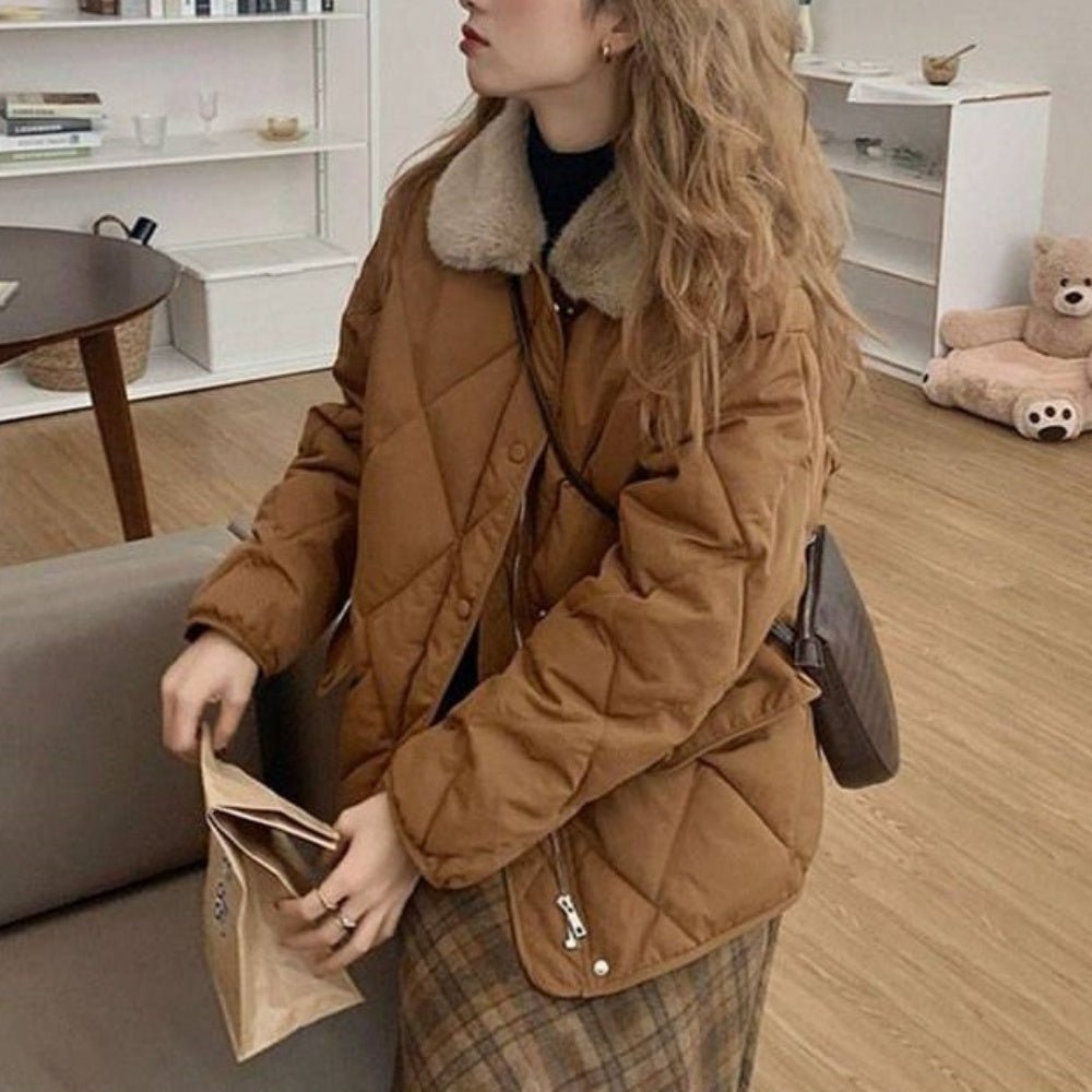 ボア襟中綿キルティングジャケットコート｜オフィスカジュアル