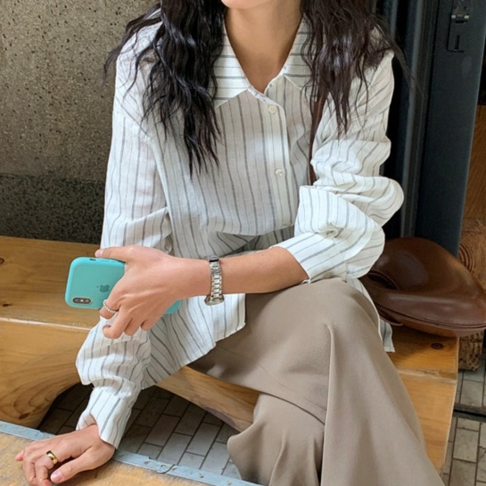 オフィスカジュアル 春 サイドスリットストライプシャツ ミレジェネ
