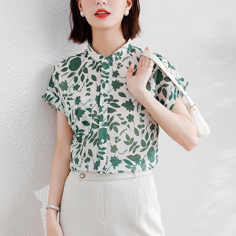 爽やか総柄バンドカラートップス｜オフィスカジュアル レディース 通販【ミレジェネ】